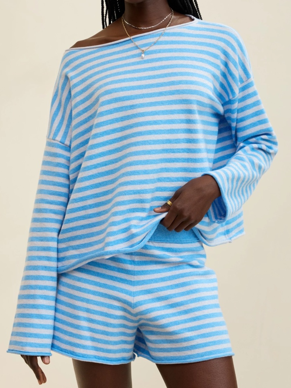 Aerie Sunday Soft Boatneck Sweater Light Blue Stripe Rolled hem Soft Cozy Lounge